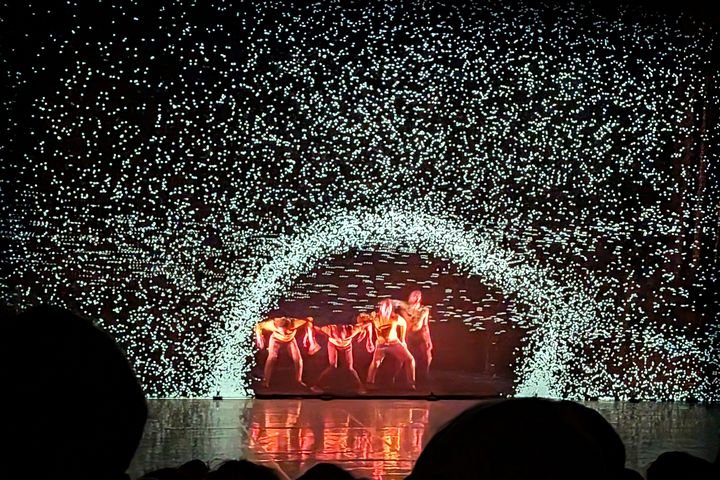 „Pixel“ eröffnet das Düsseldorf Festival 2026 Die Cie Käfig in „Pixel“ beim Düsseldorf Festival 2026: Tänzer bewegen sich in einem kreisförmigen Raum aus Tausenden digitalen Lichtpunkten.
