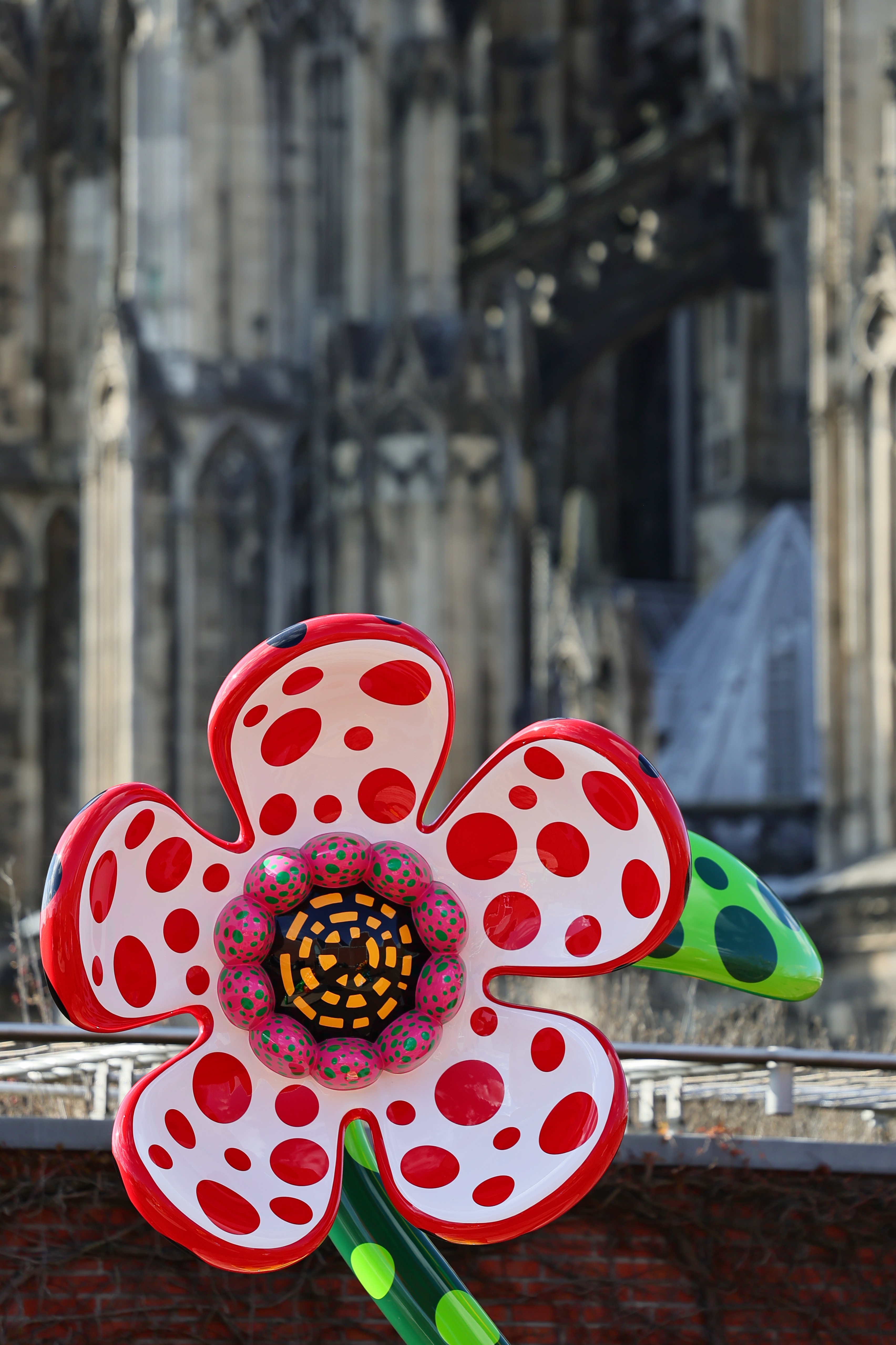 Bunt bemalte Bronzeblumen von Yayoi Kusama auf der Dachterrasse des Museum Ludwig Köln, mit dem Kölner Dom im Hintergrund
