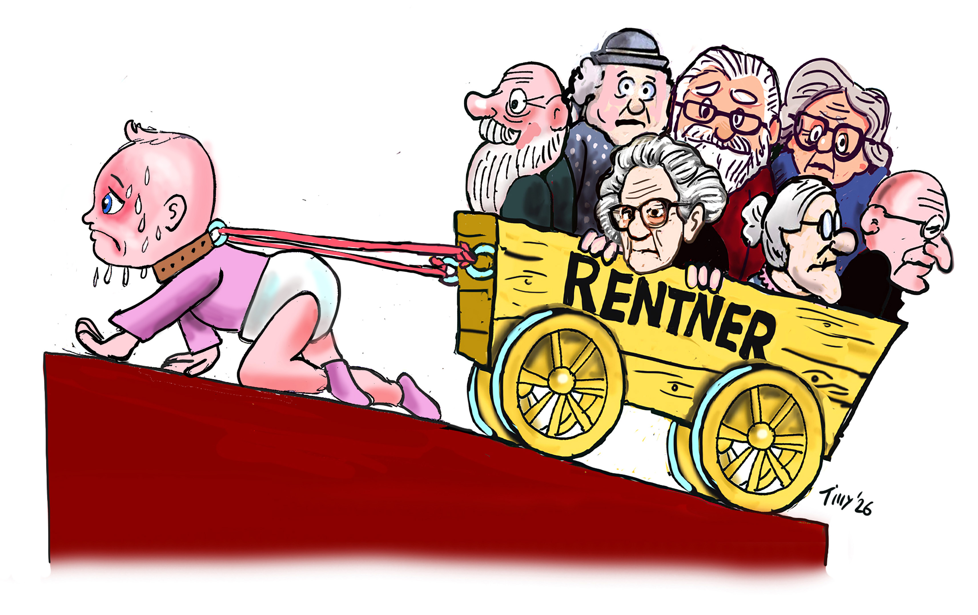 Rente/Rentner (Entwurf) - Demografie als Schieflage in einem Bild: wenige ziehen, viele sitzen – bitter und klar.