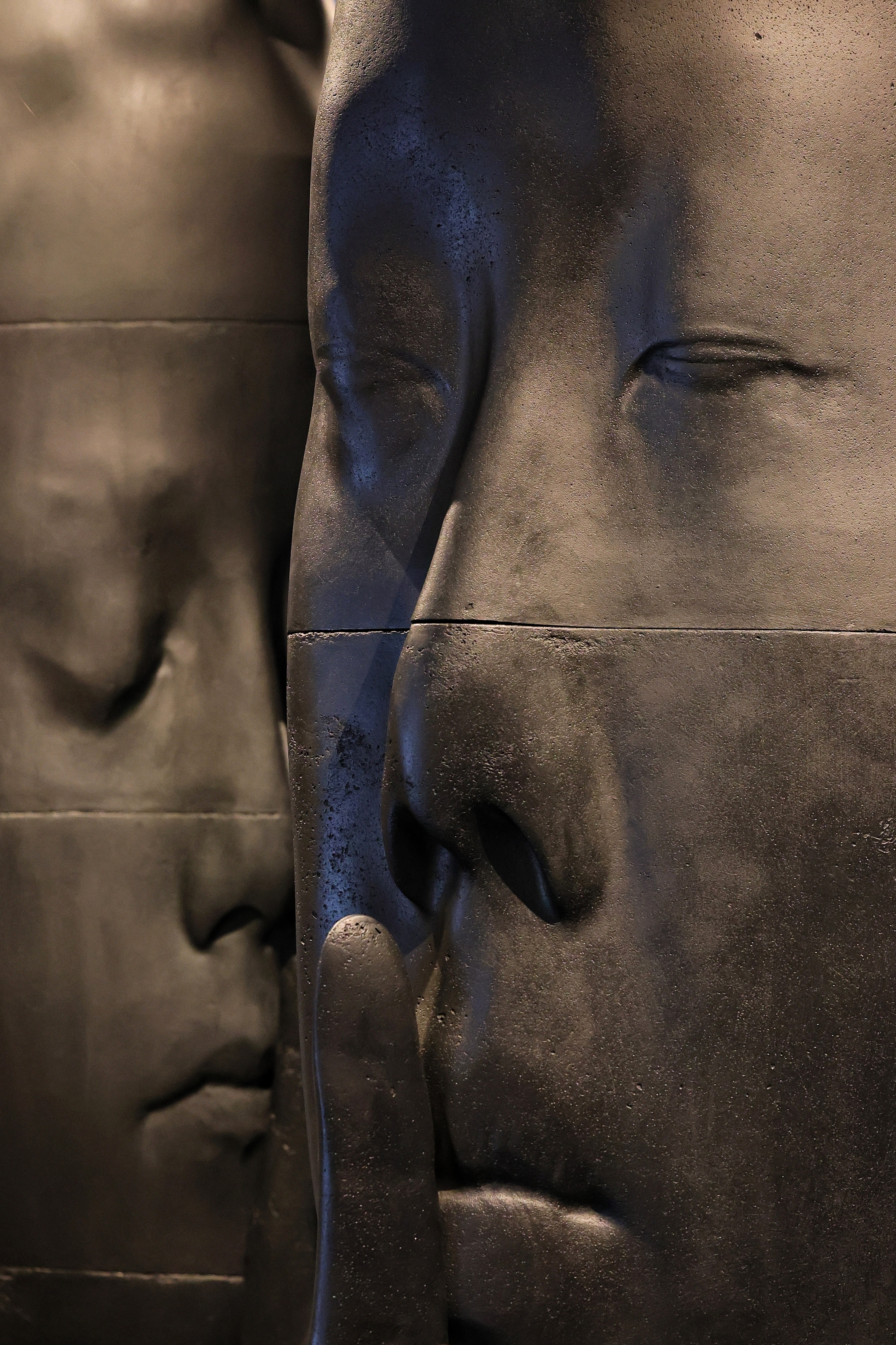 Geschlossenes Gesicht von Jaume Plensa Nahaufnahme einer dunklen Kopfskulptur von Jaume Plensa mit geschlossenen Augen und unregelmäßiger, leicht bläulich schimmernder Oberfläche.