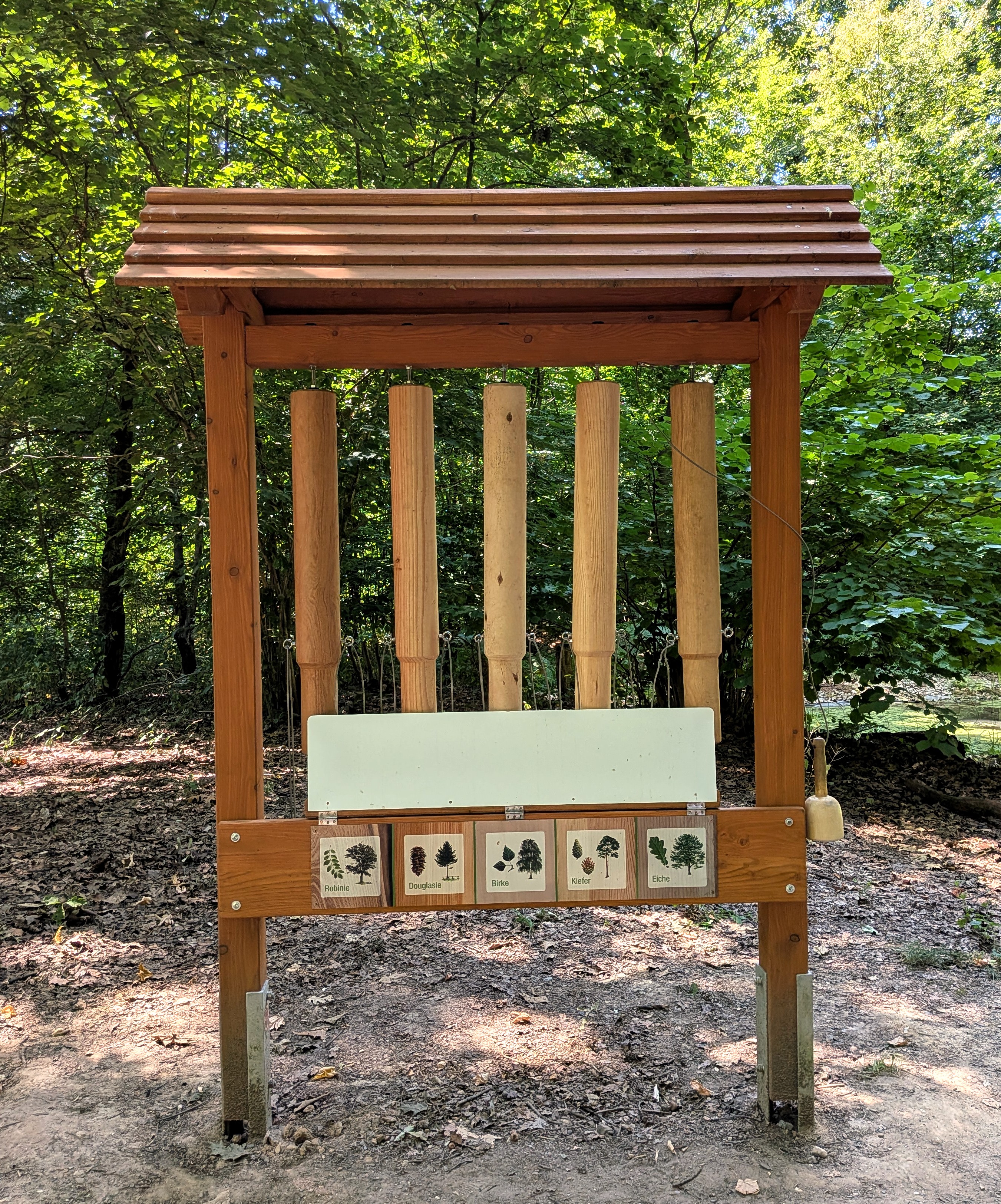Fünf beschriftete Klanghölzer aus Robinie, Douglasie, Birke, Kiefer und Eiche hängen an einer Station im Aaper Wald.