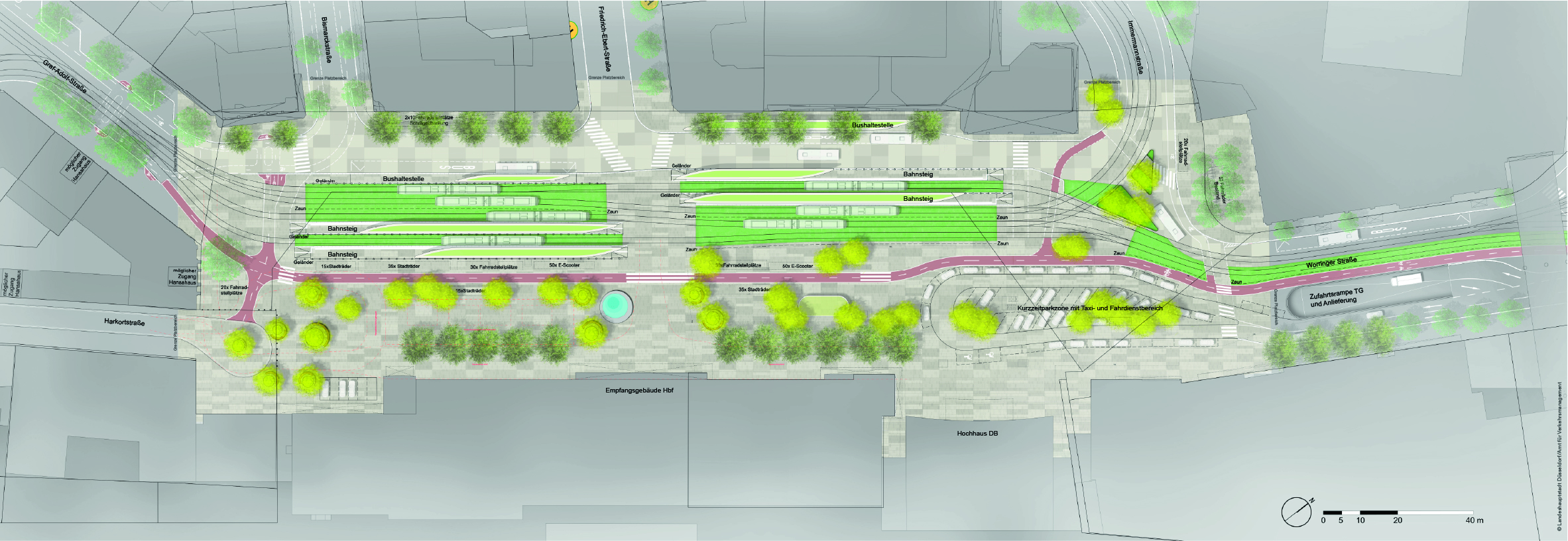 Freianlagenplan zur geplanten Neugestaltung des Konrad-Adenauer-Platzes vor dem Düsseldorfer Hauptbahnhof